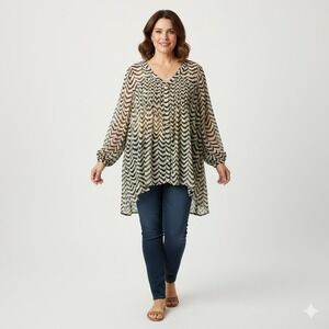 Roz & Ali Tunic Blouse Women Plus 3X Tan Brown Stripe‎ Semi Sheer Button Front